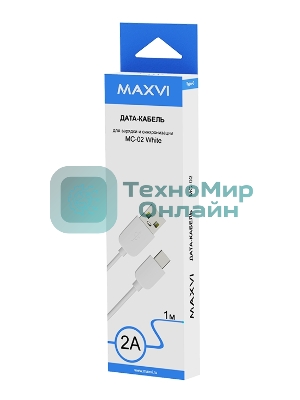 Кабель Maxvi MC-02 white USB-A - Type-C ток макс. нагрузки 2А, макс. напряжение 5V, длина кабеля 1м, материал PVC, белый