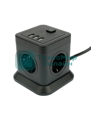 Сетевой фильтр Cablexpert Tower TWR-4-U3-B-2, 4 р, 10А, 3xUSB, 3.1А, 2 м, ур.защиты 2+, черный, коробка