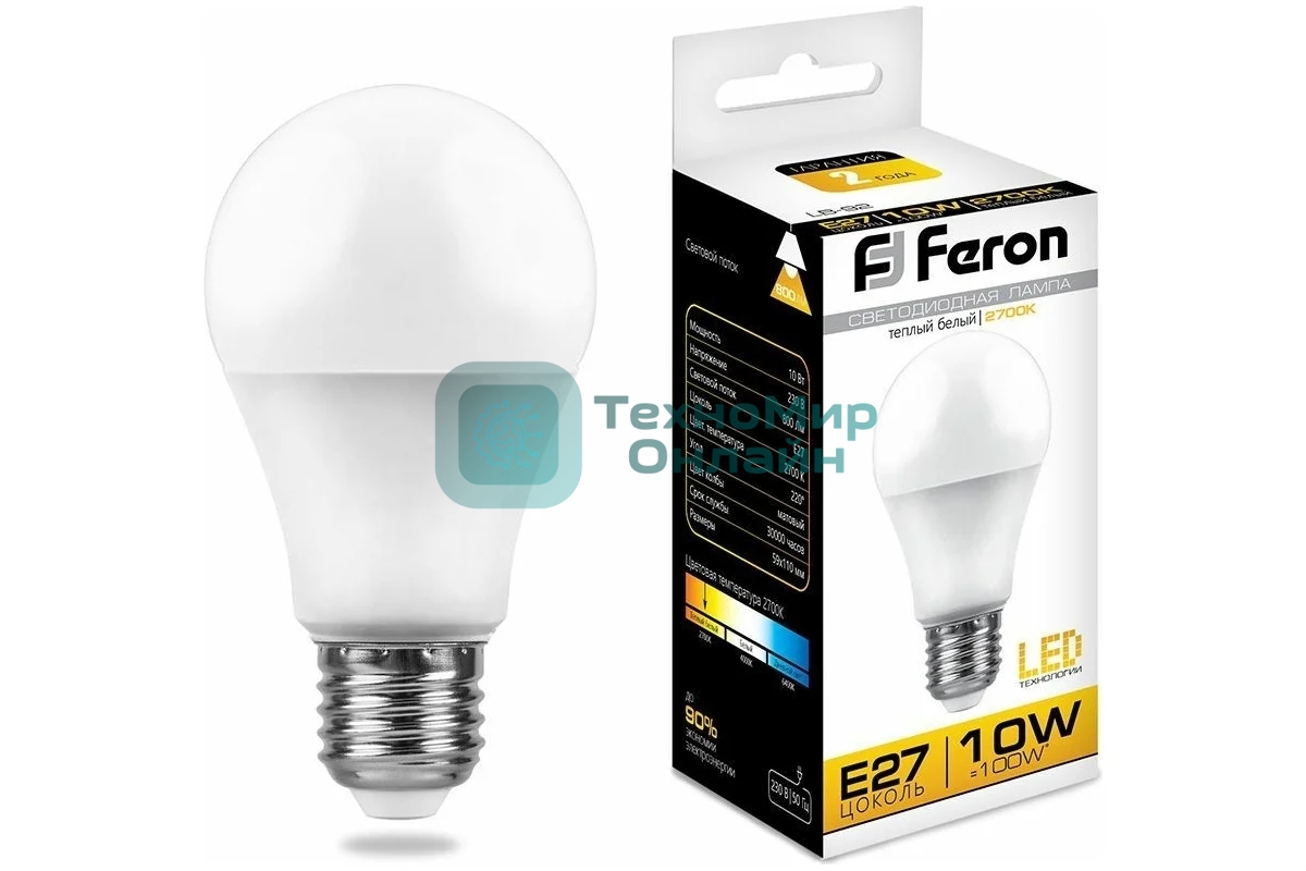 Лампа светодиодная Feron LB-92 10W 230V E27 2700K A60