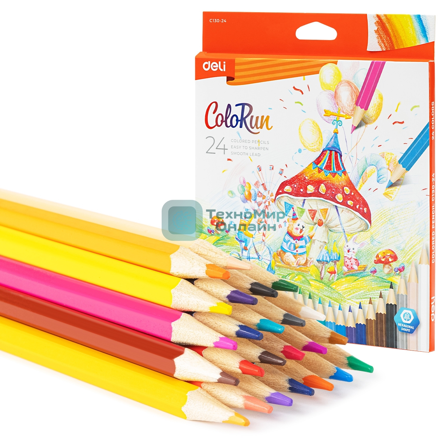 Карандаши цветные Deli EC130-24 ColoRun, шестигранный профиль, дерево 24 цвета, коробка с европодвесом (24шт)