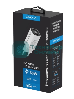 Сетевое зарядное устройство Maxvi A402PD LED 33W, 1xUSB-A, 1xUSB-C, белый