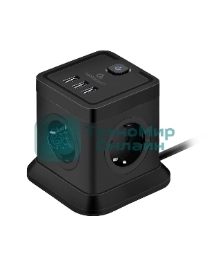 Сетевой фильтр Cablexpert Tower TWR-4-U3-B-2, 4 р, 10А, 3xUSB, 3.1А, 2 м, ур.защиты 2+, черный, коробка