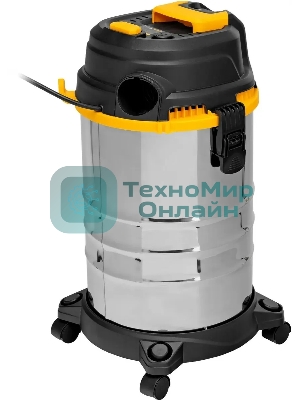 Строительный пылесос Denzel RVC30 серебристый, 1400 Вт, уборка сухая/сбор воды/выдув, пылесборник мешок, 30 л