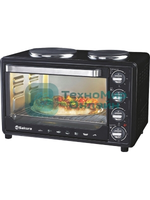 Мини-печь Sakura SA-7001HBK 35л, 3200Вт, духовка 1600Вт, конфорки 185мм+155мм (1000Вт+600Вт), механ.управление, 3 режима работы духовки (верх, низ, верх+низ), раздельная регулировка температуры духовки и конфорок, комплектация - металлическая решетка, противень и ухват. чёрны