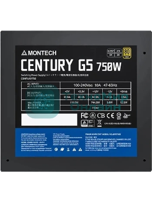 Блок питания Montech ATX 750W CENTURY GOLD G5, 750 Вт, 80 PLUS GOLD, 120 мм, модульный, черный