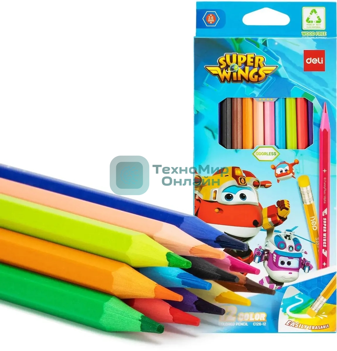 Карандаши цветные Deli EC126-12 Super Wings, шестигранный профиль, пластик коробка с европодвесом (12шт)
