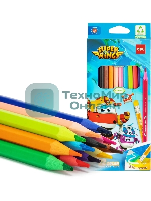 Карандаши цветные Deli EC126-12 Super Wings, шестигранный профиль, пластик коробка с европодвесом (12шт)