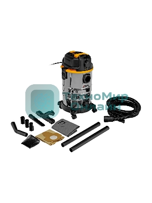 Строительный пылесос Denzel RVC30 серебристый, 1400 Вт, уборка сухая/сбор воды/выдув, пылесборник мешок, 30 л