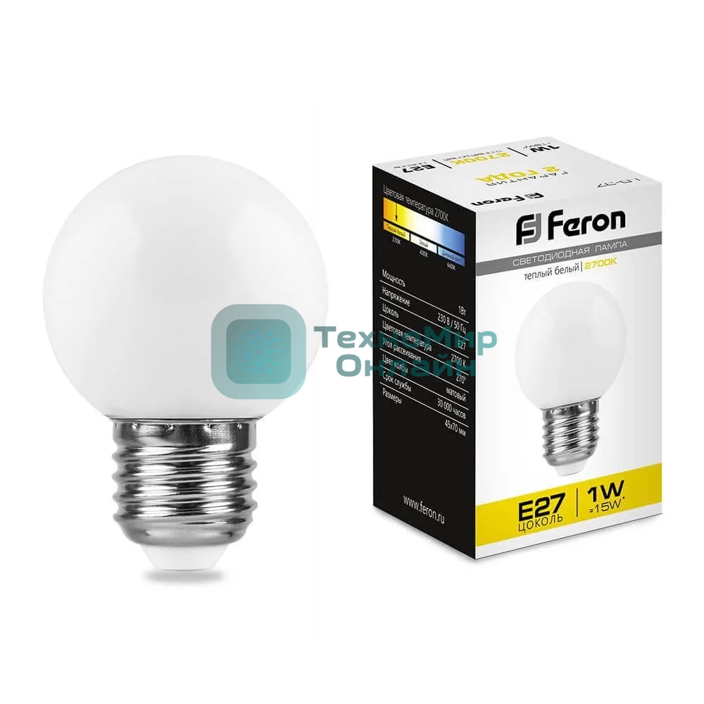 Лампа светодиодная Feron LB-37 1Вт Е27 белый 2700К шар