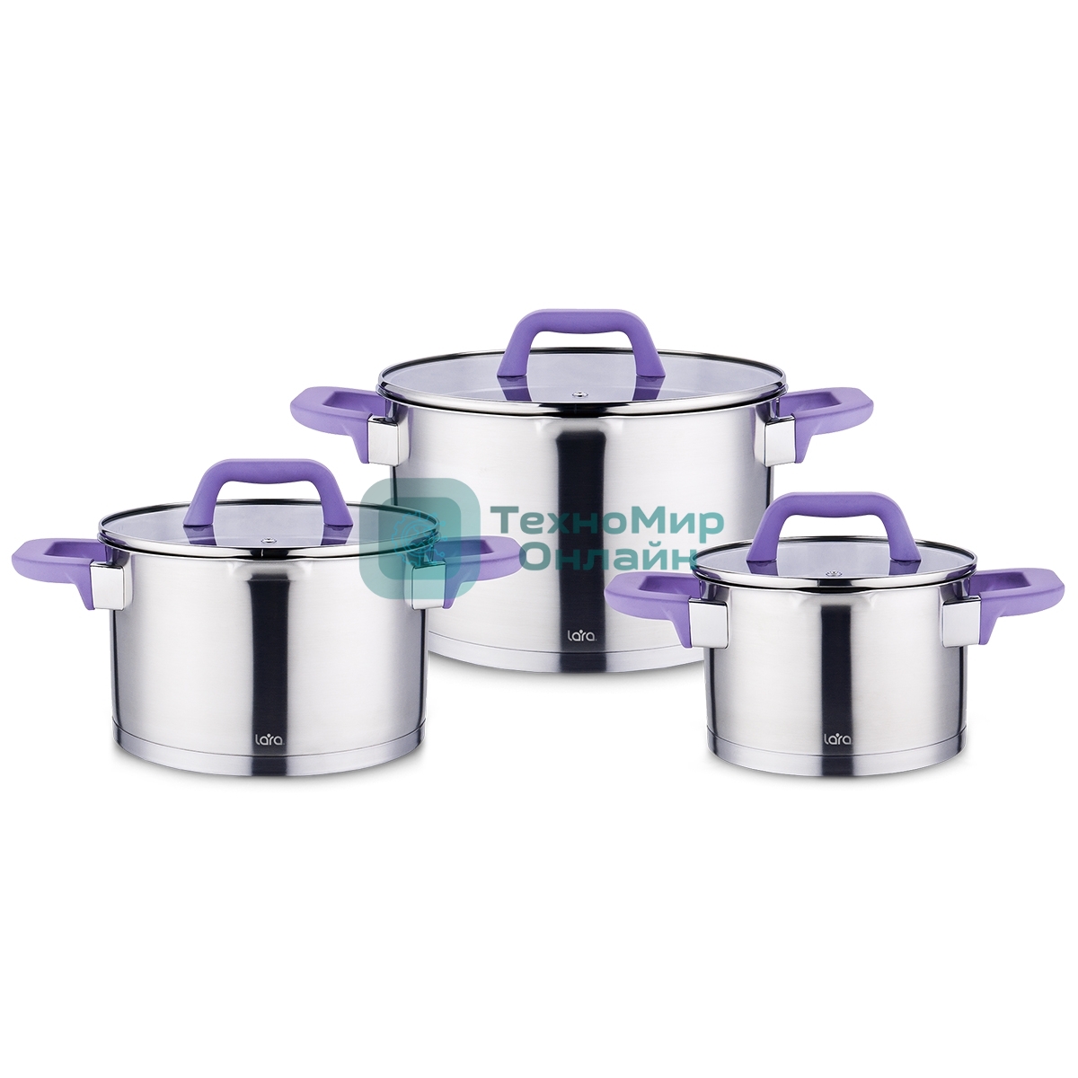 Набор посуды Lara LR02-126 Лаванда 2, 3.8, 6.4 л, нержавеющая сталь, индукционное 5-ти ступ. капс. дно