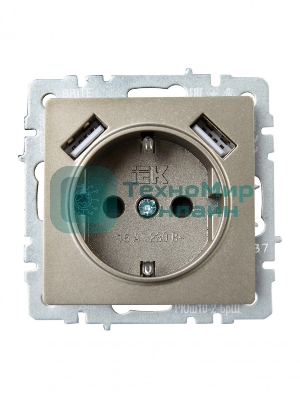 Розетка 1-местная IEK BRITE РЮш10-2-БрШ (BR-R14-16-U21-D31-K37) с заземлением, с защитными шторками, 16А, с USB A+A 5В 3,1А, шампань