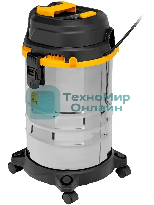 Строительный пылесос Denzel RVC30 серебристый, 1400 Вт, уборка сухая/сбор воды/выдув, пылесборник мешок, 30 л