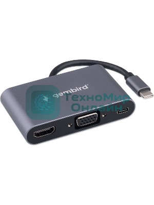 USB-концентратор Gembird UHB-D8, USB Type-C, PD100W, Jack 3,5, HDMI, VGA, USB Type-C