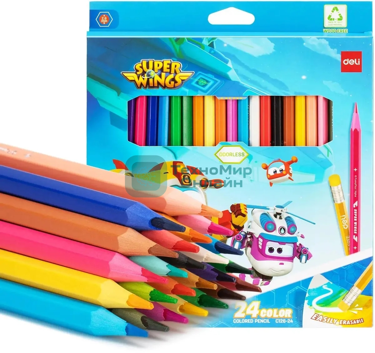 Карандаши цветные Deli EC126-24 Super Wings, шестигранный профиль, пластик коробка с европодвесом (24шт)