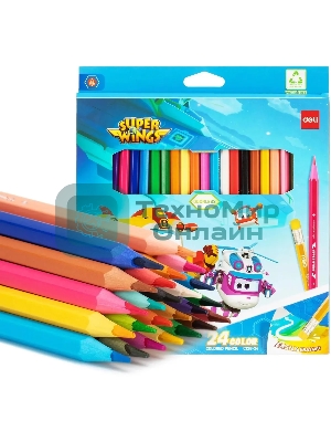 Карандаши цветные Deli EC126-24 Super Wings, шестигранный профиль, пластик коробка с европодвесом (24шт)