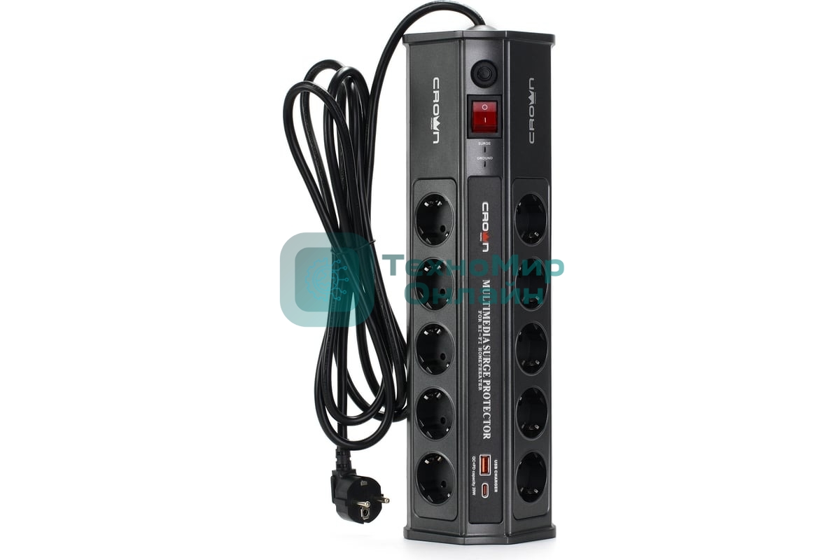 Сетевой фильтр CROWN CMPS-11 черный, 10 розеток, 3 м