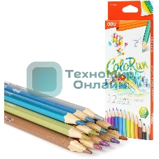 Карандаши цветные Deli EC127-12 ColoRun, шестигранный профиль, дерево 12 цветов, коробка с европодвесом (12шт)