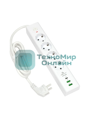 Сетевой фильтр Cablexpert Exnovo EXN-4-CU2-W-2, 4 р, 16А, 1xType-C PD, 30Вт, 2хUSB, 2 м, ур.защиты 4+, белый, коробка