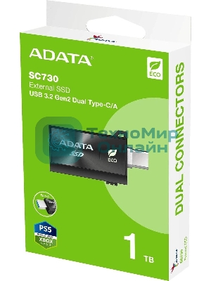 Внешний SSD ADATA SC730, 1TB, USB 3.2 Gen 2 Type-A/Type-C, R/W 600/600, черный