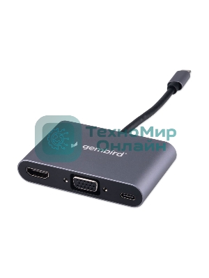 USB-концентратор Gembird UHB-D8, USB Type-C, PD100W, Jack 3,5, HDMI, VGA, USB Type-C