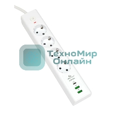 Сетевой фильтр Cablexpert Exnovo EXN-4-CU2-W-2, 4 р, 16А, 1xType-C PD, 30Вт, 2хUSB, 2 м, ур.защиты 4+, белый, коробка