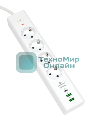 Сетевой фильтр Cablexpert Exnovo EXN-4-CU2-W-2, 4 р, 16А, 1xType-C PD, 30Вт, 2хUSB, 2 м, ур.защиты 4+, белый, коробка