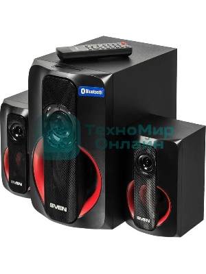 Колонки SVEN AC MS -304, черный Акустическая система, беспроводная передача сигнала по Bluetooth, суммарная мощность (RMS), Вт - 40, выходная мощность (RMS), Вт - сабвуфер: 20, сателлиты: 20 (2 х10), частотный диапазон, Гц - сабвуфер: 40 – 150, сателлиты: 150 – 20 000, размеры динамиков, мм - сабвуфер: O 128, воспроизведение с USB flash и SD card памяти, встроенное FM-радио, LED-дисплей, пульт ДУ, материал корпуса сабвуфера и сателлитов – дерево (MDF).