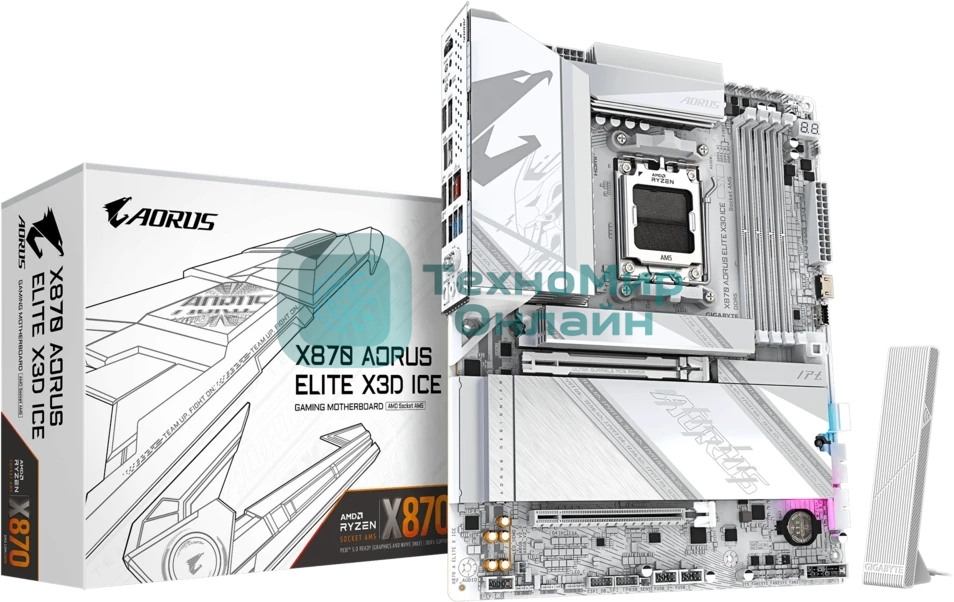 Материнская плата Gigabyte X870 AORUS ELITE X3D ICE, AM5, AMD X870, 4xDDR5, 2xSATA, 4xM.2, 1xPCIe 5.0 x16, 1xPCIe 4.0 x16, 1xHDMI, 1x5Gb LAN, Wi-Fi 7, Bluetooth 5.4, 2xUSB-C 40Gbps (USB4), 1xUSB-C 10Gbps, 2xUSB-A 10Gbps, 4xUSB-A 5Gbps, 1xUSB-A 2.0, 3x3.5 мм + S/PDIF оптический, 7.1, ATX