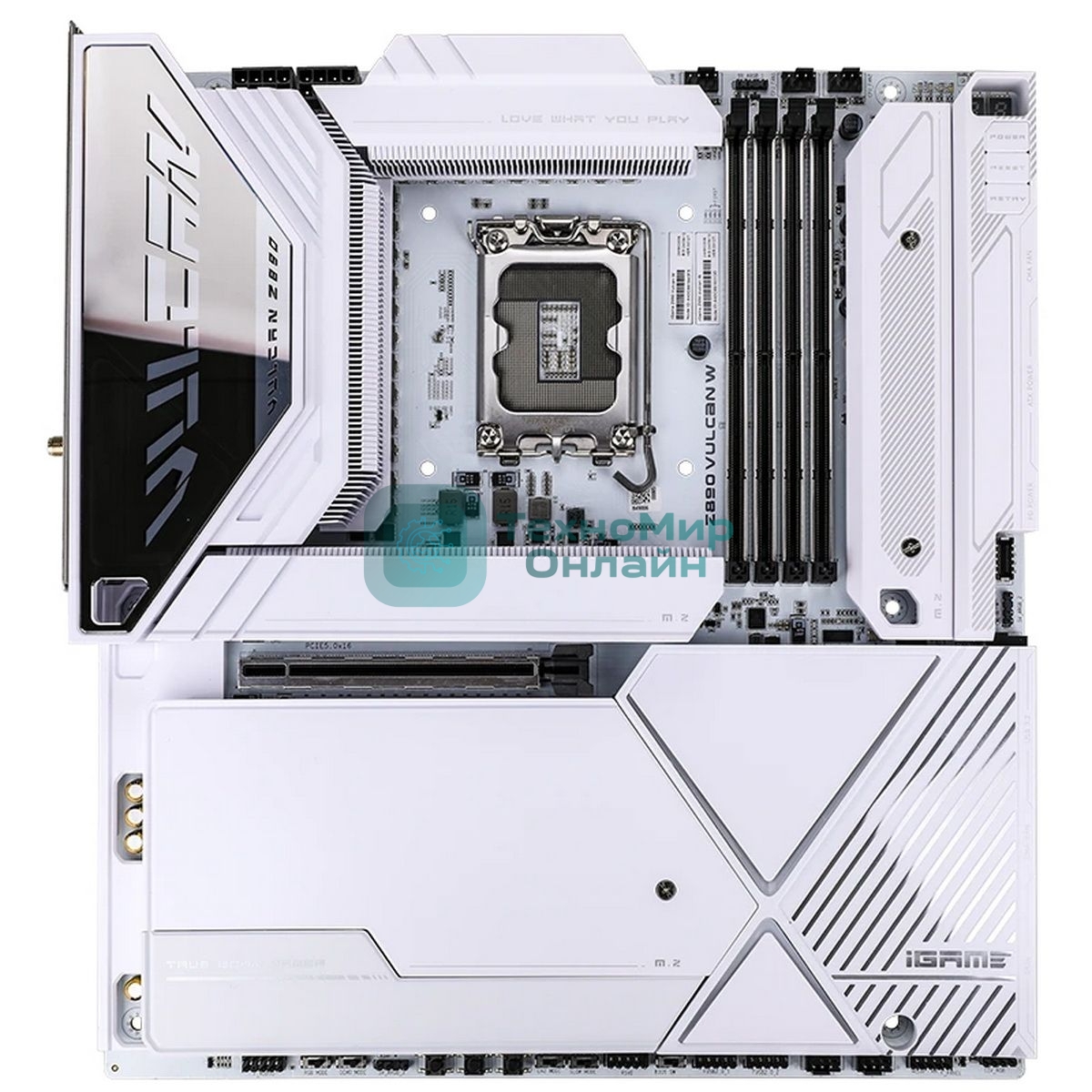 Материнская плата Colorful iGame Z890 VULCAN W V20, LGA 1851, Intel Z890, 4xDDR5, 5xM.2, 6xSATA, 2xPCIe 5.0 x16, 1xPCIe 4.0 x4, 1xHDMI, 1xDP, 1x 2.5Gb LAN, 1x 5Gb LAN, 6xUSB-A 3.2 Gen 2, 2xUSB-C 3.2 Gen 2, 1xUSB-C 3.2 Gen 2x2, 5x3.5 мм, 7.1, E-ATX