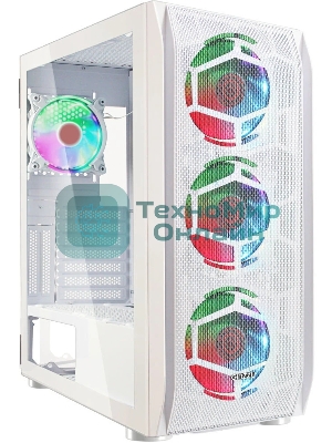 Компьютерный корпус Ginzzu GL 390 боковая дверца закаленное стекло на петлях на магнитах, controller CRC10, 4* 12R6W FAN 12CM RGb белый