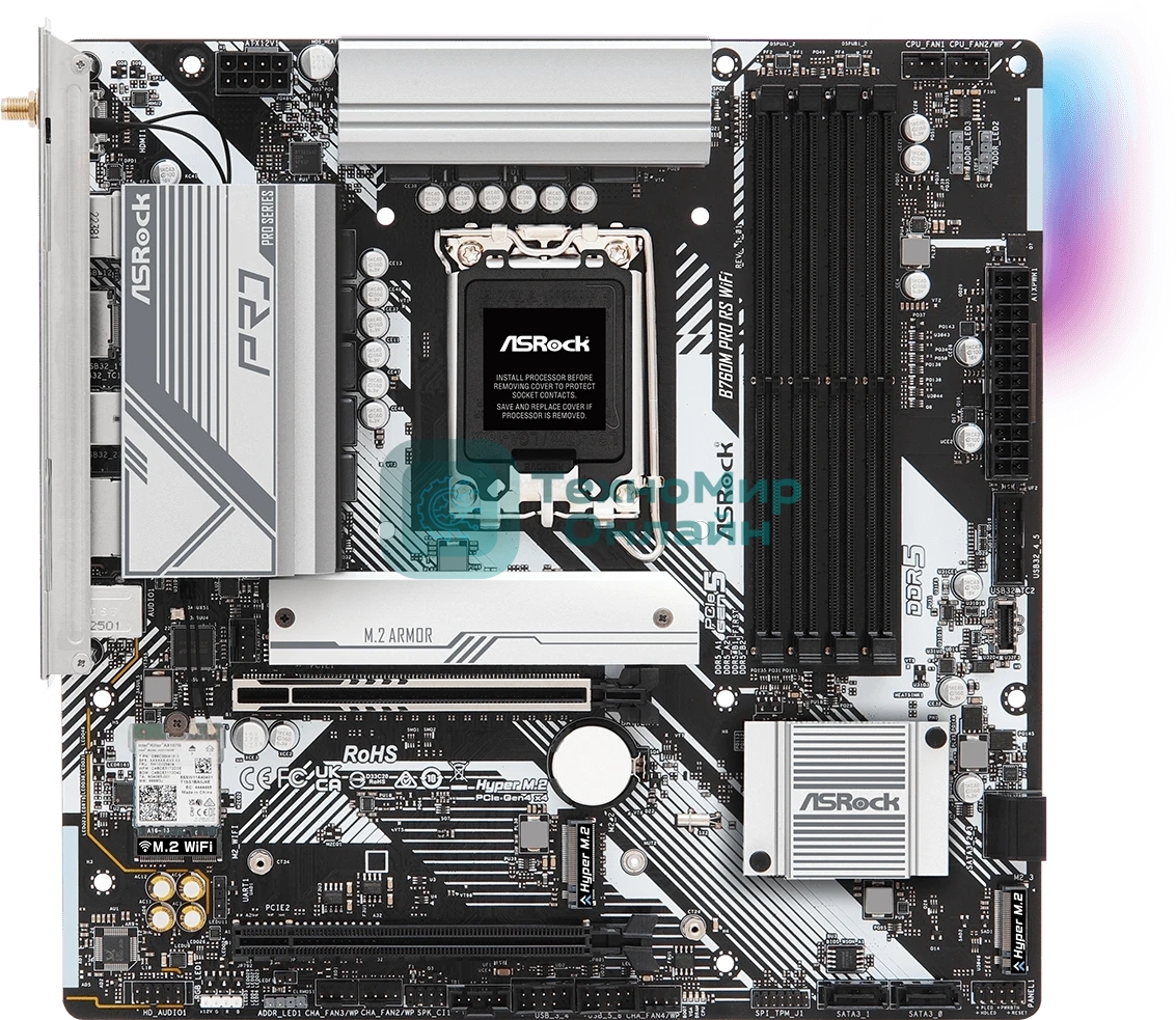 Материнская плата ASRock B760M Pro RS WiFi, LGA 1700, Intel B760, 4xDDR5, 4xSATA, 3xM.2, 1xPCIe 5.0 x16, 1xPCIe 3.0 x16, 1xHDMI, 1xDP, 1x2.5Gb LAN, Wi-Fi 6E, Bluetooth 5.3, 1xUSB-C 5Gbps, 3xUSB-A 5Gbps, 2xUSB-A 2.0, 3x3.5 мм, 7.1, mATX