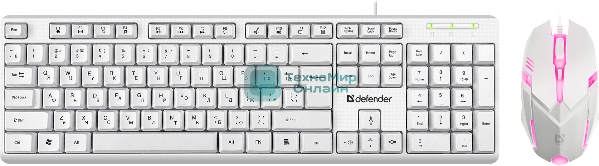 Комплект клавиатура+мышь Defender Motion C-977 проводной, USB, 1600 DPI, белый