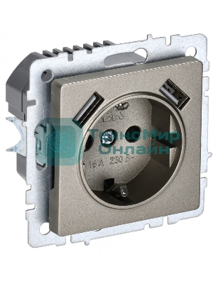 Розетка 1-местная IEK BRITE РЮш10-2-БрШ (BR-R14-16-U21-D31-K37) с заземлением, с защитными шторками, 16А, с USB A+A 5В 3,1А, шампань