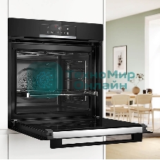 Встраиваемый духовой шкаф с добавлением пара Bosch HQG572EB3 Serie 4, Auto Pilot 15, объем 71 л , 9 режимов нагрева, 3D Hotair, Soft move door,телескопические направляющие 1уровень,гидролиз и пиролиз, сенсорное управление, черный+профиль из нержавеющей стали