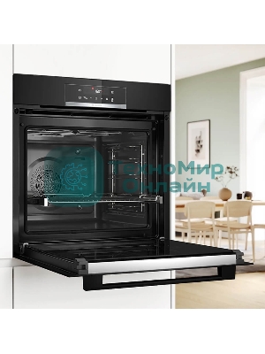 Встраиваемый духовой шкаф с добавлением пара Bosch HQG572EB3 Serie 4, Auto Pilot 15, объем 71 л , 9 режимов нагрева, 3D Hotair, Soft move door,телескопические направляющие 1уровень,гидролиз и пиролиз, сенсорное управление, черный+профиль из нержавеющей стали