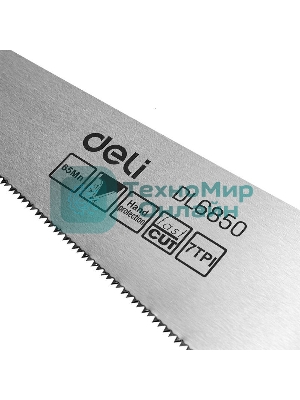 Ножовка по дереву Deli DL6850 500мм Материал: 65Mn. Термообработанная поверхность. Зубья пилы: 7 TPI. Шлифовка зубов с 2-х сторон. Литая ручка из двухкомпонентного противоударного пластика.