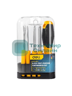 Многофункциональная отвертка 8-в-1 Deli DL636009 1шт ручка, 3 бита Phillips: PH0, PH1, PH2, 3 насадки с прорезями: 3 мм, 5 мм, 6 мм,2 специальные биты: точечные, Y-образные. Материал хвостовика: Cr-V.