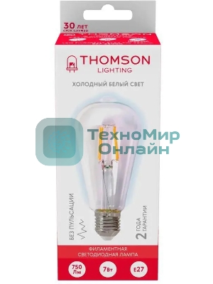 Лампа светодиодная филаментная Thomson TH-B2341 E27, эдисон, 7Вт, 6500К, белый холодный, 1 шт.