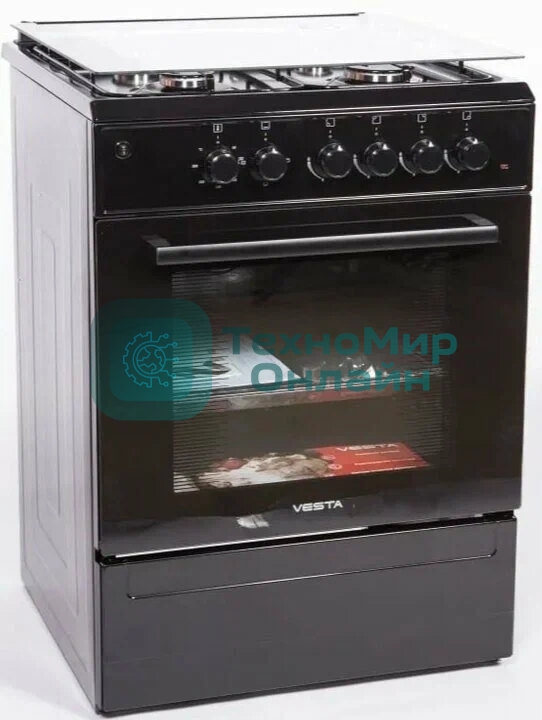 Плита комбинированная VESTA Valencia VGE 50 10-E черный, конфорок 4 газовых, духовка 52 л, 50 см x 85 см x 57 см