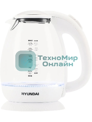 Чайник электрический Hyundai HYK-G3805 1.7 л, 2200 Вт, белый/прозрачный (корпус: стекло)