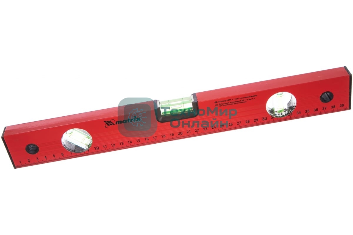 Уровень Matrix алюминиевый, 400 мм, 3 глазка, красный, линейка