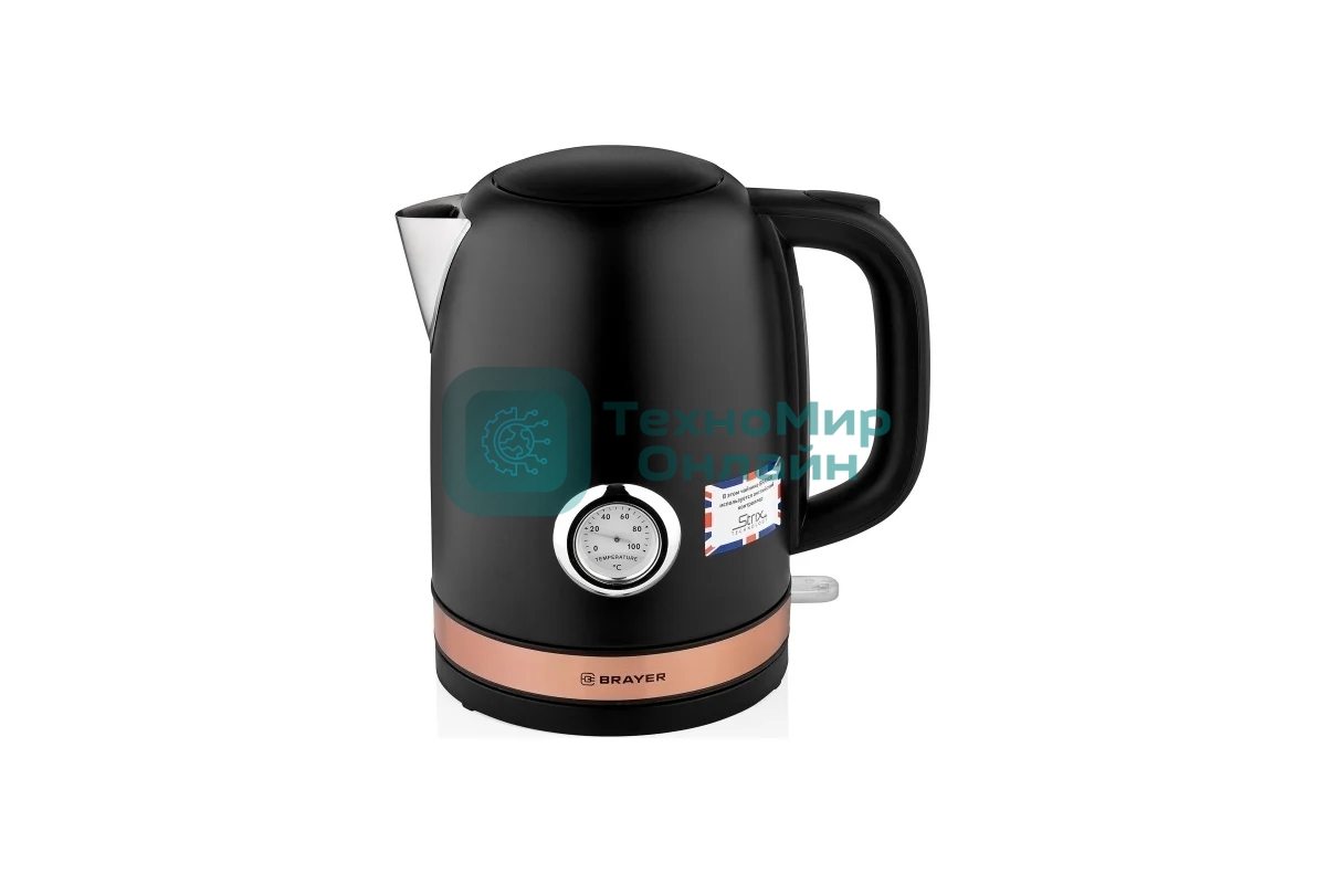Чайник электрический BRAYER BR1005BK 2200 Вт.1.7 л, STRIX, сталь окраш, термометр, черный