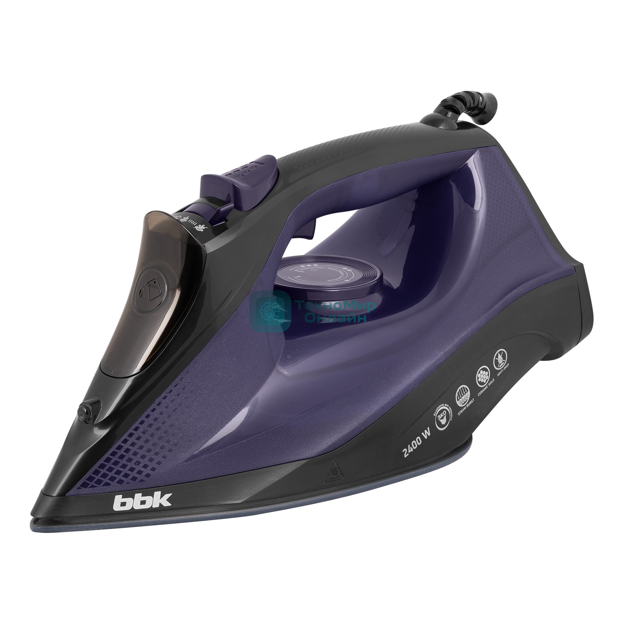Утюг BBK ISE-2413 (B/V) черный/фиолетовый, 2400 Вт, 40 г/мин, 140 г/мин, 450 мл