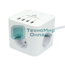 Сетевой фильтр Cablexpert Cube CUBE-3-U4-W-1.5, 3 р, 10А, 4хUSB, 1.5 м, ур.защиты 4+, белый, коробка