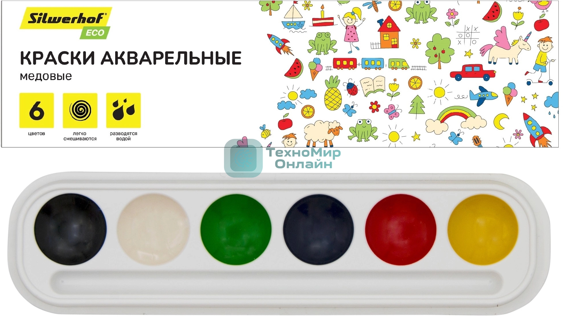 Краски акварельные Silwerhof Eco, медовые, 6 цветов, без кисти, картонная коробка