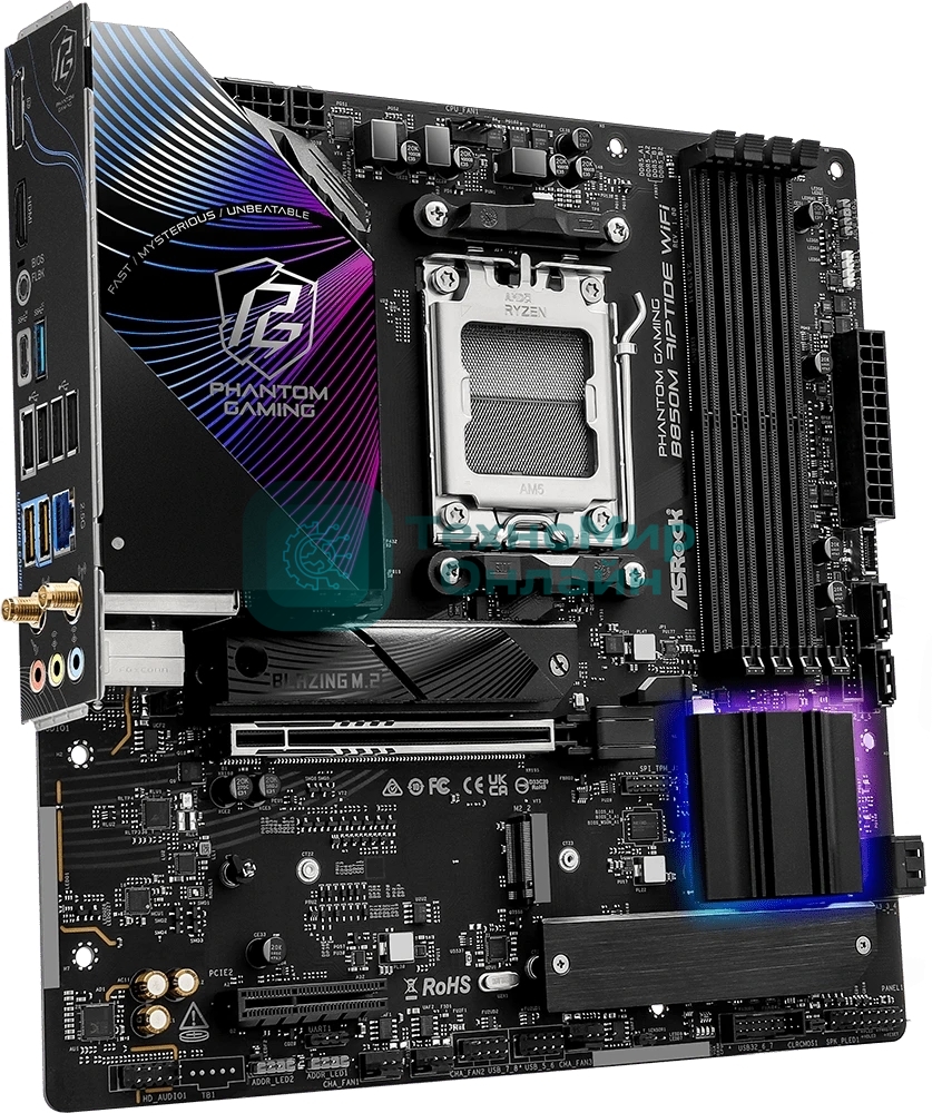 Материнская плата ASRock B850M Riptide WiFi, AM5, AMD B850, 4xDDR5, 4xSATA, 3xM.2, 1xPCIe 5.0 x16, 1xPCIe 4.0 x4, 1xHDMI, 1xDP, 1x2.5Gb LAN, Wi-Fi 7, Bluetooth 5.4, 1xUSB-C 10Gbps, 1xUSB-A 10Gbps, 2xUSB-A 5Gbps, 4xUSB-A 2.0, 3x3.5 мм, 7.1, mATX