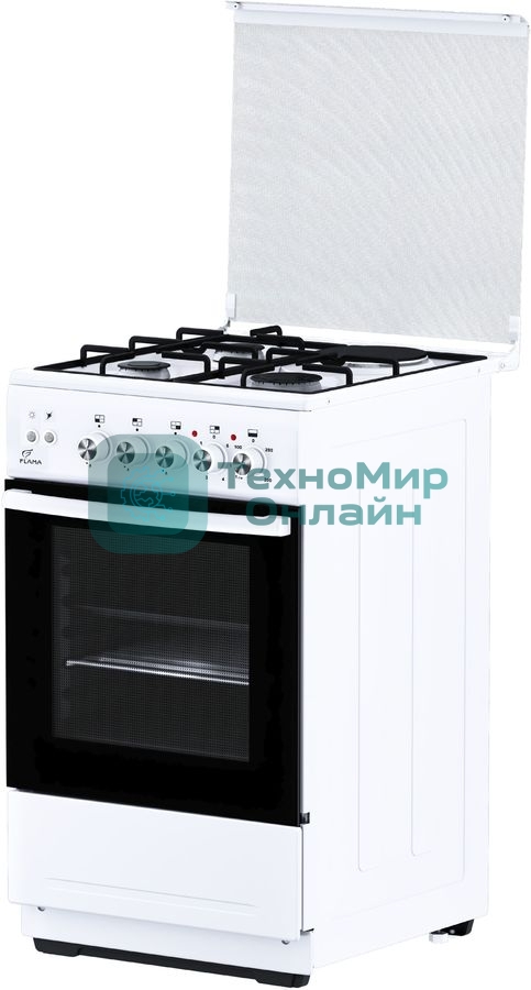 Плита комбинированная Flama L RK 23-126 белый, конфорок 3 газовых и 1 электрическая, духовка 50 л, 50 см x 85 см x 60 см