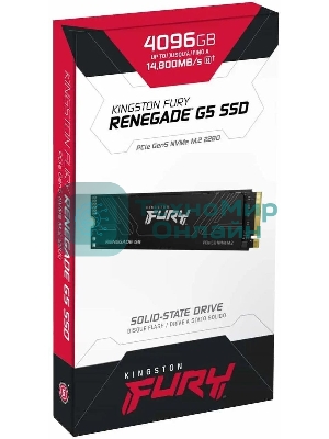 Накопитель SSD Kingston Fury Renegade, 4096Gb, M.2(22x80мм), NVMe, PCIe 5.0 x4, 3D TLC, R/W 14800/14000MB/s, IOPs 2 200 000/2 200 000, TbW 4000, DWPD 0.5 (12 мес)