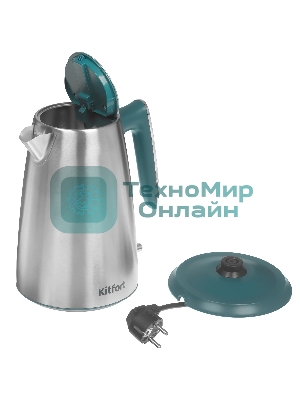 Чайник электрический Kitfort КТ-8725 1.7 л, 2200 Вт, нержавеющая сталь/бирюзовый корпус: нерж.сталь/пластик