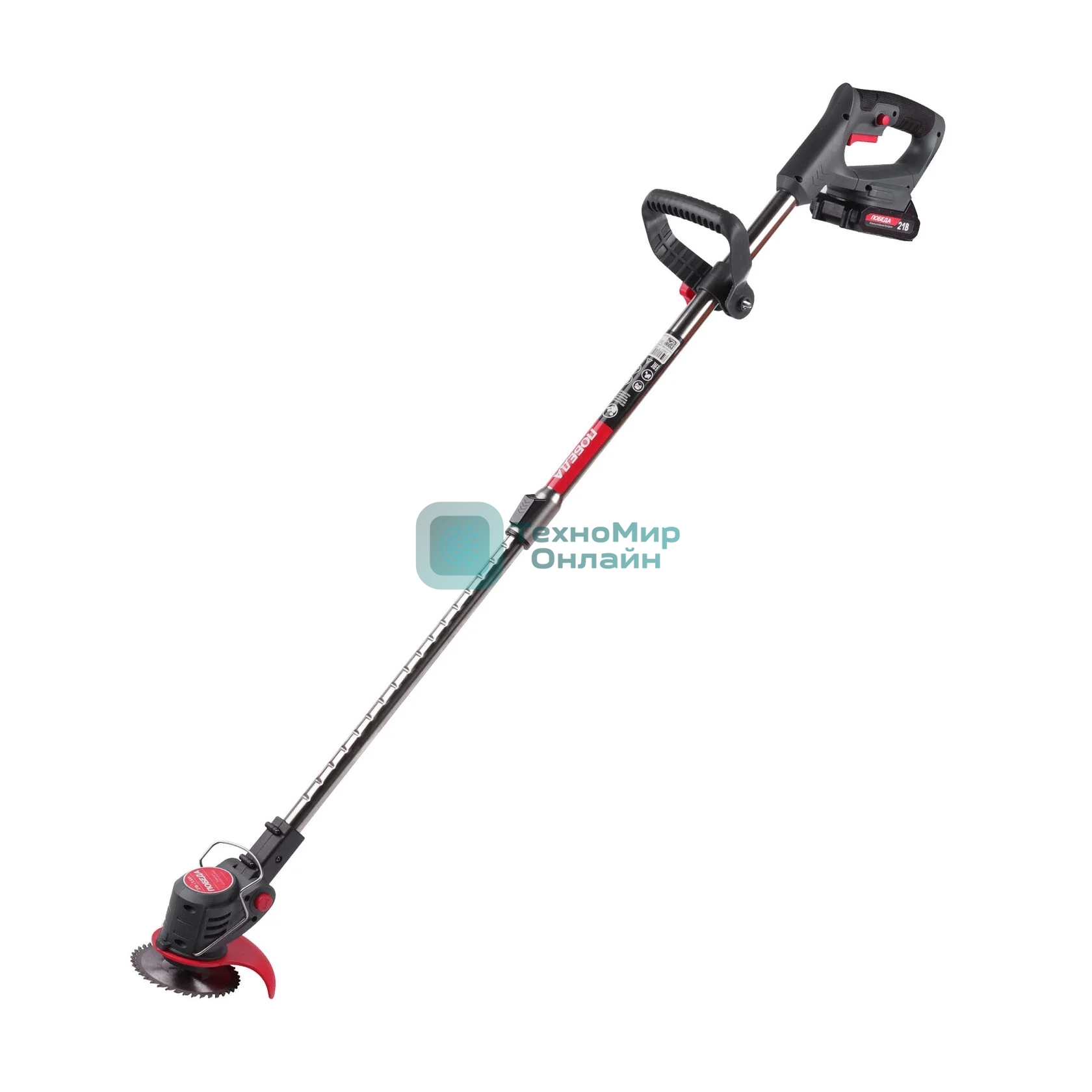 Триммер аккумуляторный Победа ТА 202, 20/21В, с 2 акб 1,5Ач и зу, макс 145мм, пластик. ножи (10шт) + мет. диск 40Т, телескоп